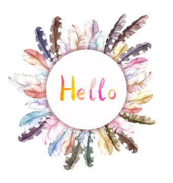 Feather wreath frame with Hello word. Watercolor