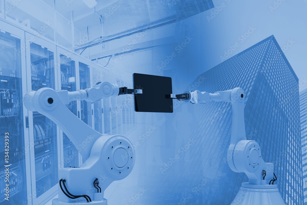 Poster composite image of composite image of robots holding computer ta