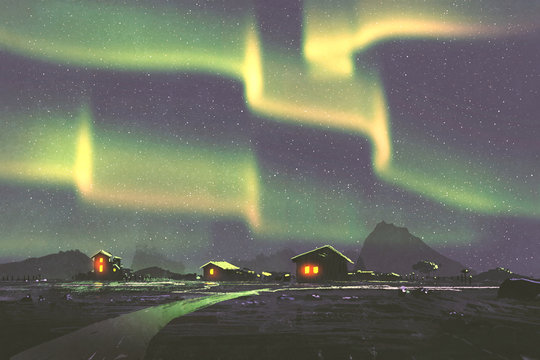 night scenery of village under the Northern lights Aurora borealis ,illustration painting