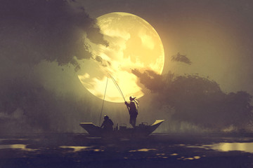 Naklejka premium silhouette of fishermen with fishing rod on boat and big moon on background,illustration painting