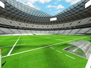 3D render of a round rugby stadium with  white seats and VIP boxes