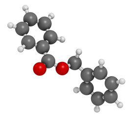 Benzyl benzoate drug molecule, 3D rendering. 