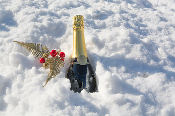 Bottle of champagne is sticking out from snow.