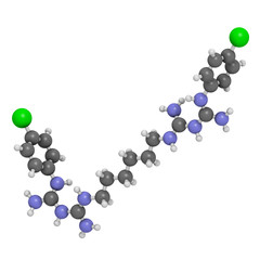 Chlorhexidine antiseptic molecule, 3D rendering. 