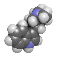 Dimethyltryptamine (DMT) psychedelic drug molecule, 3D rendering