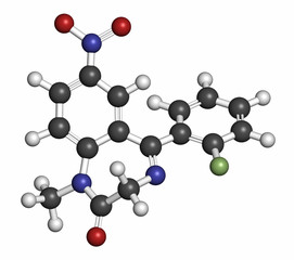 Flunitrazepam hypnotic drug molecule, 3D rendering. 