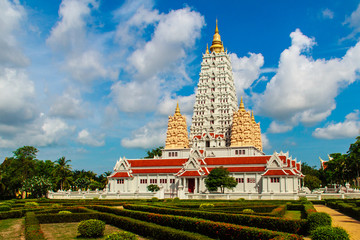 Fototapeta premium Beautiful White Buddhagaya Pagoda in Wat Yannasang Wararam Buddhist Temple at Pattaya city, Chonburi province, Thailand