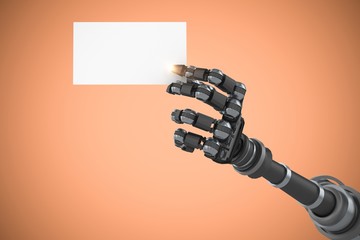 Composite image of robotic arm holding white placard 3d