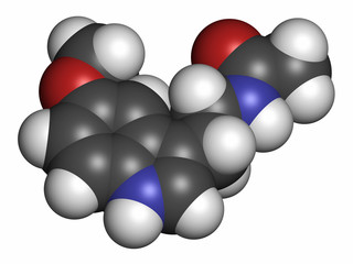 Melatonin hormone molecule, 3D rendering. 