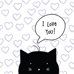 Valentine's card with copy space. I love you. Cat character.