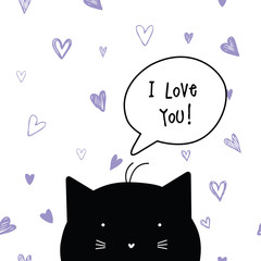Valentine's card with copy space. I love you. Cat character.