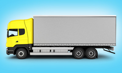 Yellow delivery truck without shadow on blue gradient background