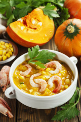Pumpkin soup-puree with shrimp