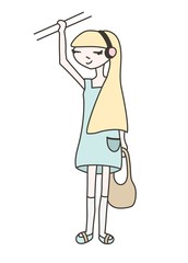 Cartoon girl character is listening to the music holding the han