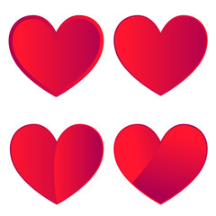 Set of four red hearts on white background