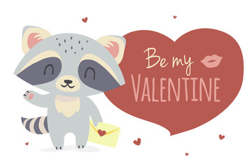 vector Valentine's day greeting card illustration with cartoon style raccoon