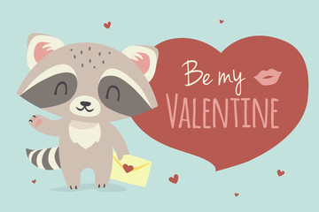 vector Valentine's day greeting card illustration with cartoon style raccoon