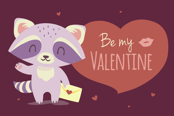 vector Valentine's day greeting card illustration with cartoon style raccoon