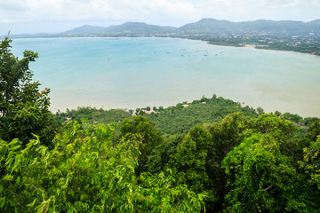 Fototapeta na wymiar Beautiful view from Khao-Khad Views Tower, tourists can enjoy the 360-degree view such as Chalong bay, Panwa cape, Sire island, Bon island, tiny and large islands around Phuket including Phuket city.