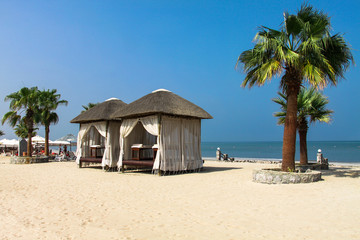 Canopies on the beach, resort in Fujairah (United Arabian Emirates)