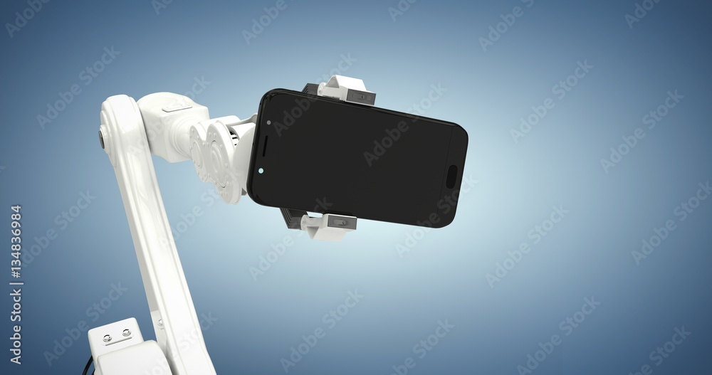 Poster composite image of graphic image of robot showing smart phone 3d