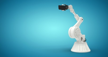 Composite image of graphic image of robot holding smart phone 3d