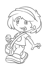 Cartoon girl with bag looking walking and smiling - coloring page - illustration for children