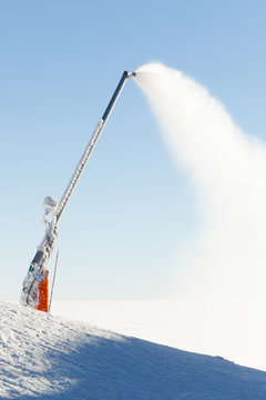 Snow Cannon Making Artificial Powder At The Very Top Of A Ski Slope