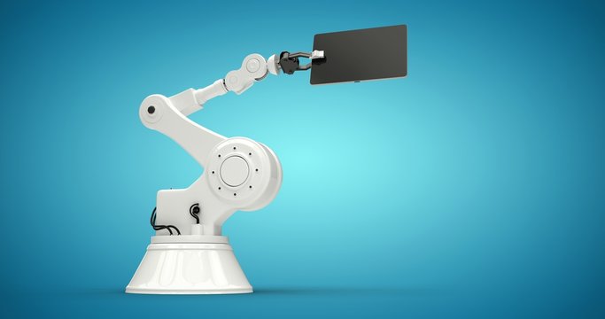 Composite image of tablet and robot against white background 3d