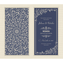 Set of vintage Wedding Invitation card with Mandala pattern. The front and rear side. Beautiful Victorian ornament. Frame with floral elements. Vector illustration. - 134840131