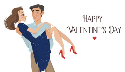 Man holds girl in his arms. Lovers. Valentine's Day. Cartoon style. Boy and girl. Date. A declaration of love. offer to go get married. romance. feelings, a pair of lovers - 134840157