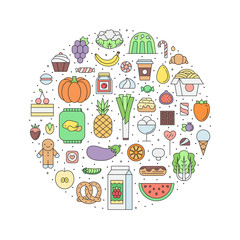 Food & drinks (grocery) outline circle illustration. Part one.