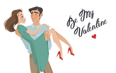 Man holds girl in his arms. Lovers. Valentine's Day. Cartoon style. Boy and girl. Date. A declaration of love. offer to go get married. romance. feelings, a pair of lovers - 134840331