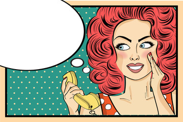 Surprised pop art woman with retro phone, who tells her secrets.