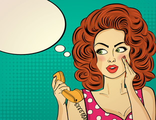 Surprised pop art woman with retro phone, who tells her secrets.