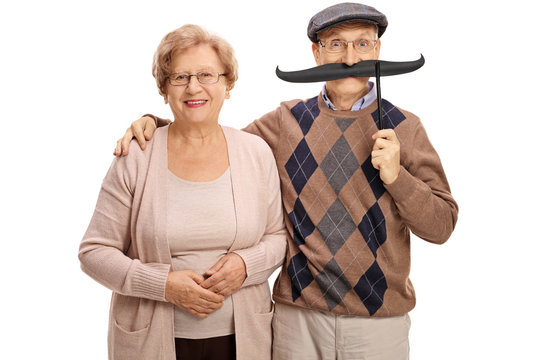 Mature woman and a mature man with big fake moustache