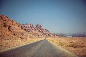 road in desert of Wadi Rum, Petra, Jordan.