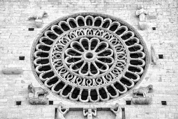 Rose window. St. Francesco Basilica. Assisi, Umbria (black and white).