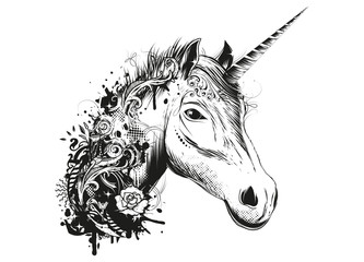 Der Kopf eines Einhorns mit floralen Verzierungen und Ornamenten.  Handgezeichneter Einhorn Kopf © namosh
