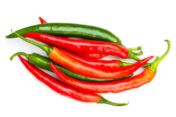Red and Green Raw Chili Peppers Isolated on White Background