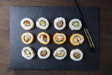 Sushi platter with chopsticks