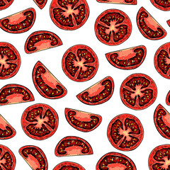 Fototapety  Vector tomato seamless pattern drawing. Isolated tomatoes and sliced pieces. Vegetable