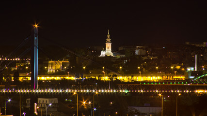 Fototapeta na wymiar Belgrade downtown or old town, a night view from one of the bridges at Sava River, Serbia