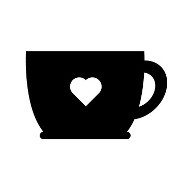 recommend clip art: Silhouette of tea or coffee cup, front view. Wide round low mug with heart symbol. Simple vector contour isolated on white background. Graphic icon.