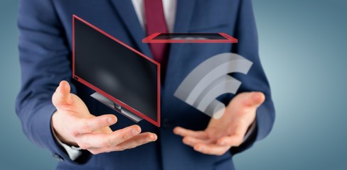 Composite image of midsection of businessman with arms out 3d