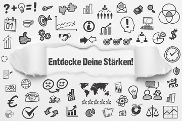 Entdecke Deine Stärken! weißes Papier mit Symbole