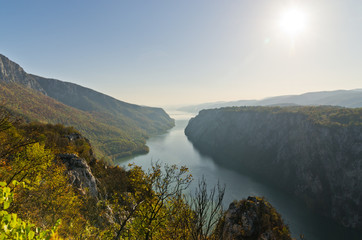 Sunny day at the cliffs over Danube river at Djerdap gorge and national park, east Serbia