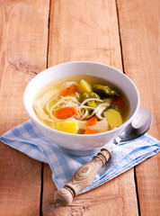 Chicken noodle soup with broccoli
