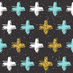 Obraz premium Doodle cross seamless background. White, blue and gold cross.