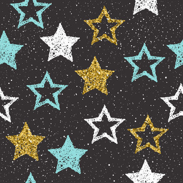 Doodle star seamless background. White, blue and gold star.